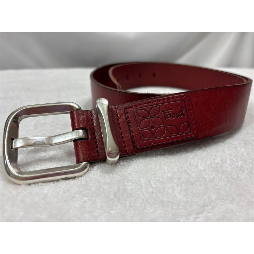 Vintage Fossil Oxblood Burgundy Red Leather Belt Stitched Patch L